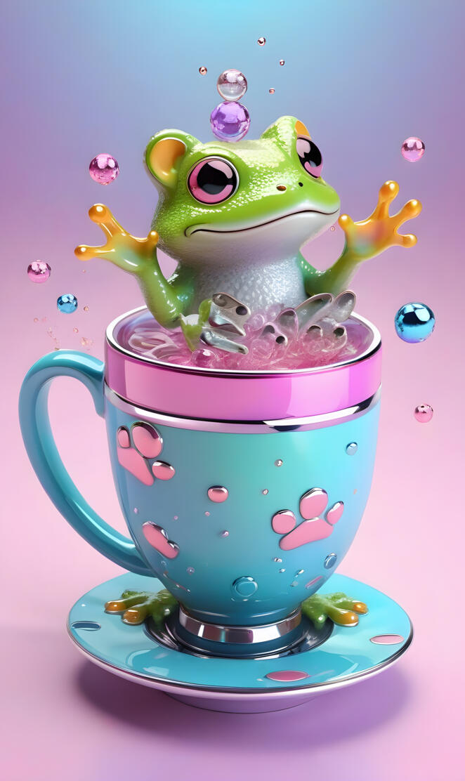 a green frog on a tea cup