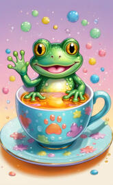 a green frog in a tea cup