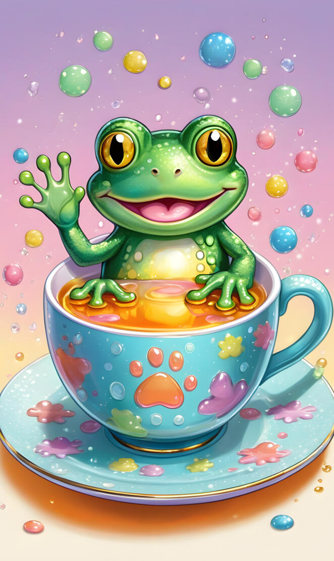 a green frog in a tea cup
