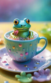 a green frog in a tea cup