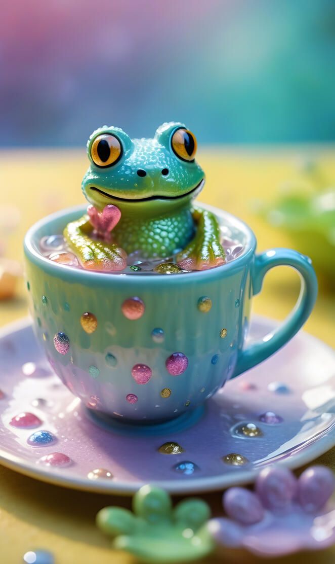 a green frog in a tea cup