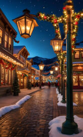 Christmas lights and decorations an Old Town square in mountains