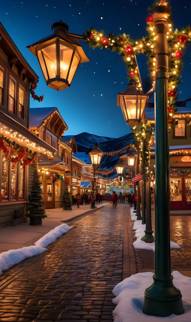 Christmas lights and decorations an Old Town square in mountains