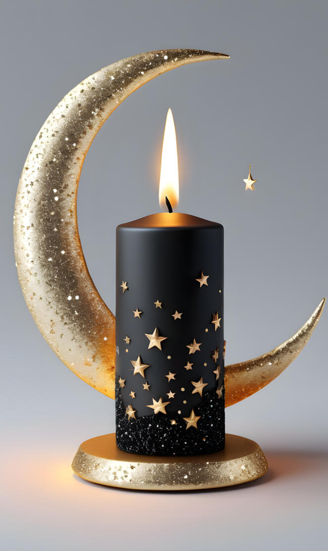 a black candle with a wonderful design on it