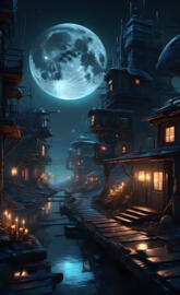 a city with a river and a moon in the sky