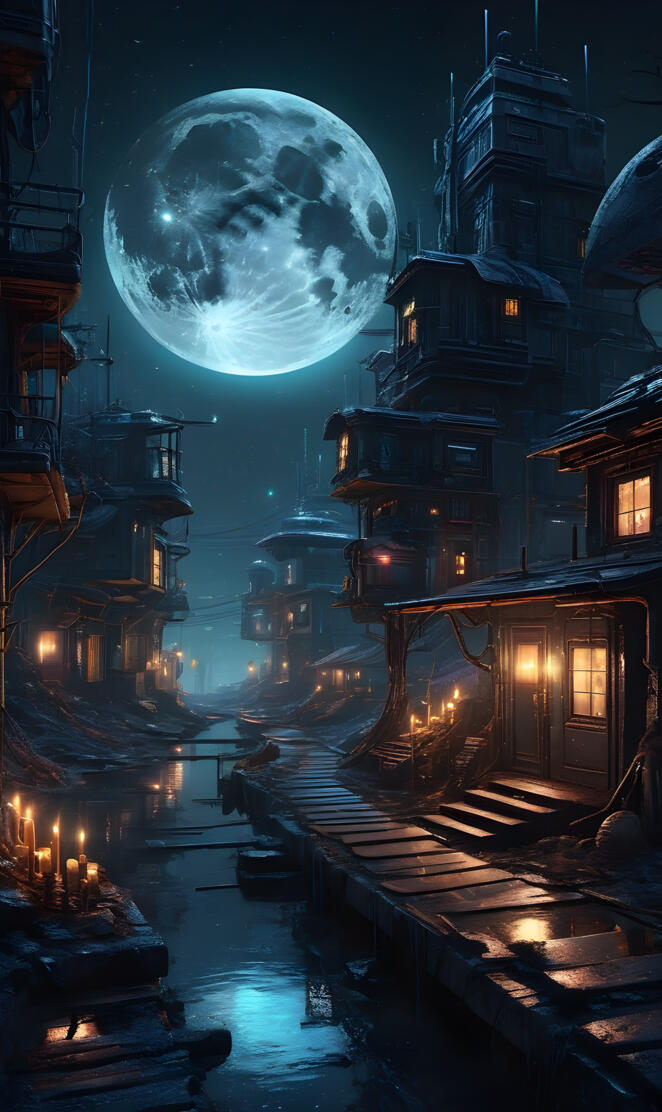 a city with a river and a moon in the sky