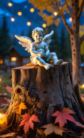 Autumn lights flickering behind Christian cherub