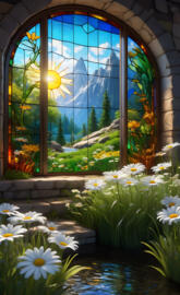 a view of a beautiful garden through a window