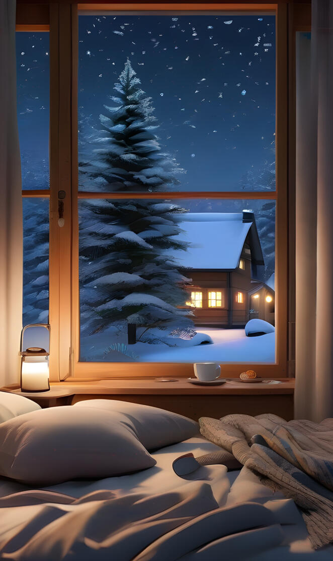 a bedroom with a large window