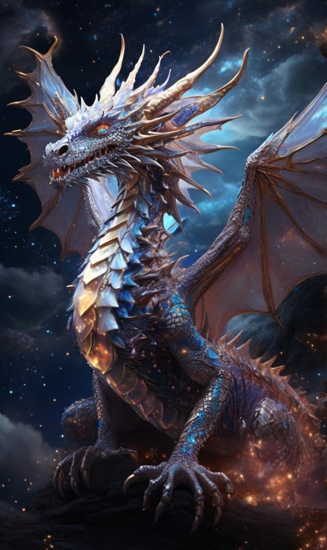 In a dazzling otherworldly dreamscape, a majestic celestial dragon gra