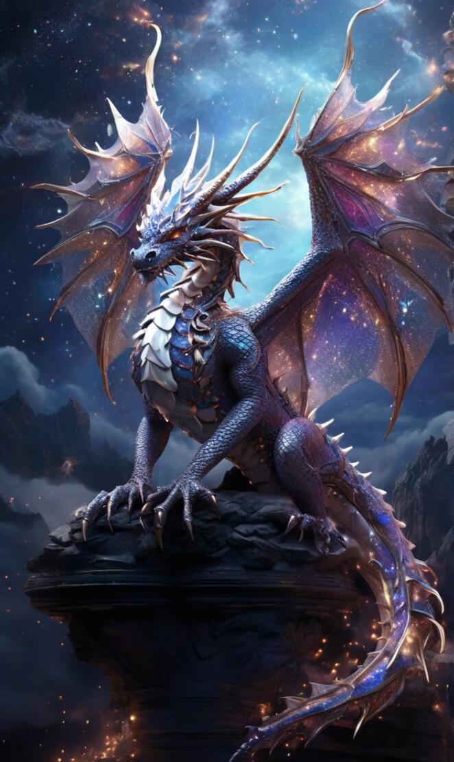 In a dazzling otherworldly dreamscape, a majestic celestial dragon gra