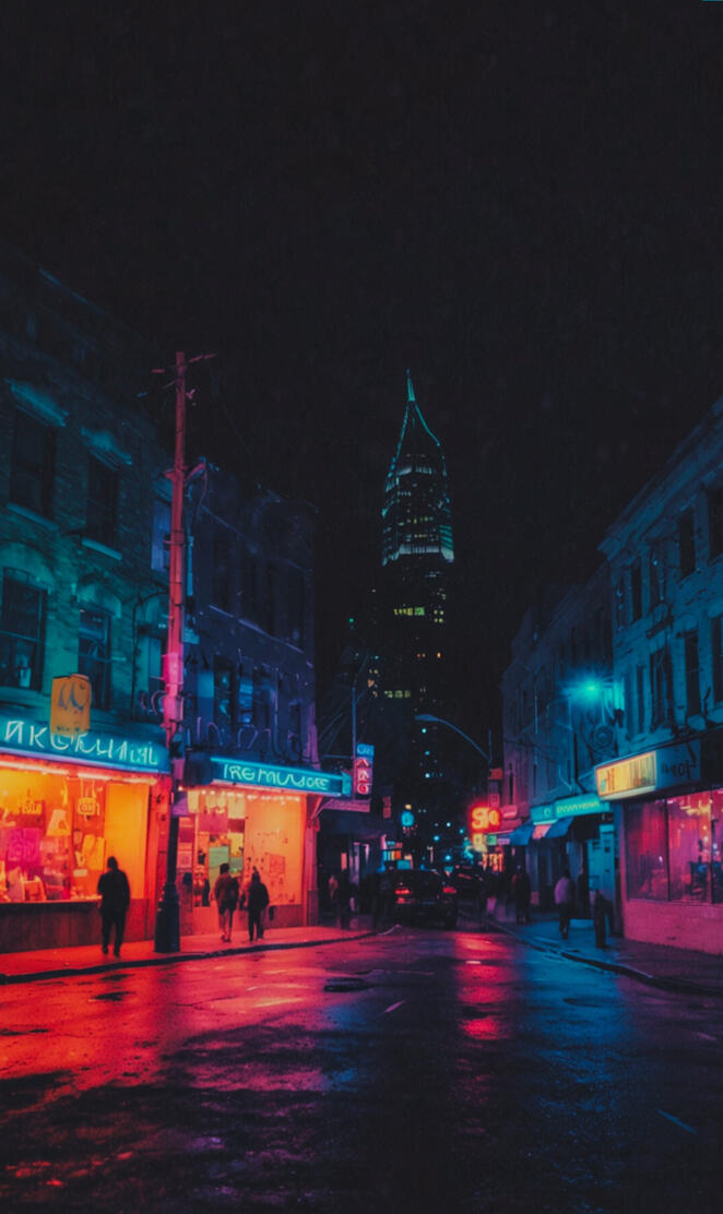 Imagine a cityscape bathed in neon light with streets