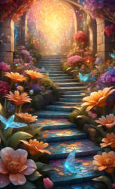 a staircase with colorful flowers
