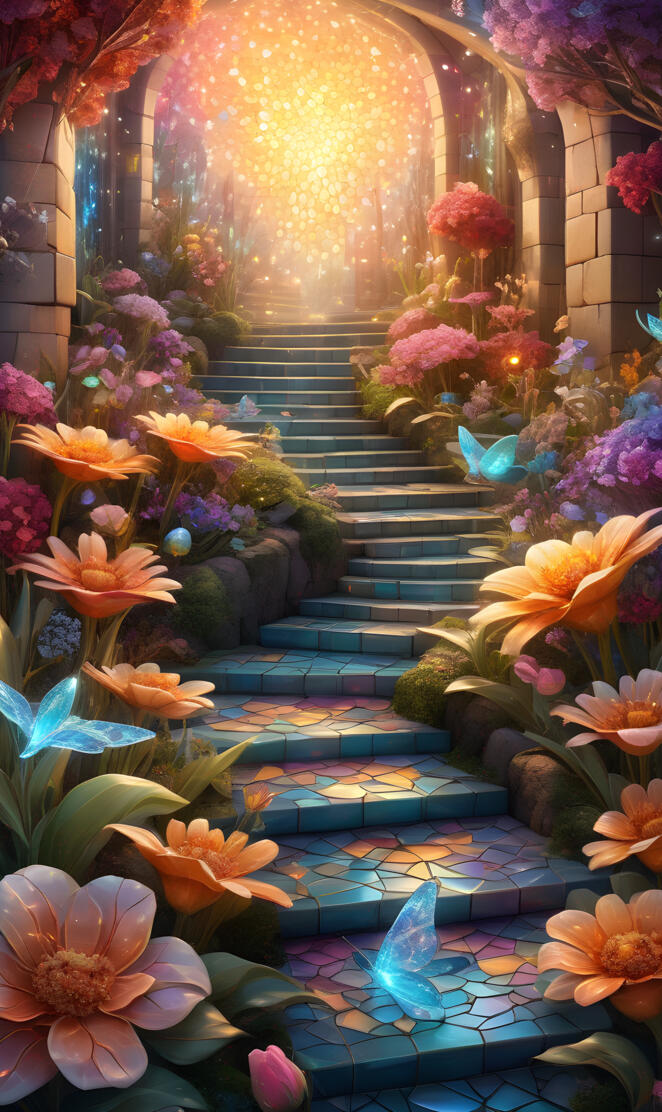 a staircase with colorful flowers