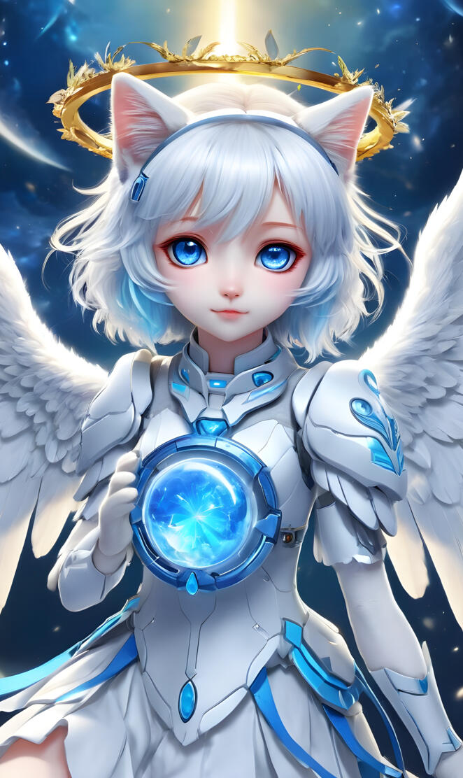 Cute Kitty Girl Angel Warrior with Golden Halo