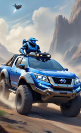Halo Spartan riding on a blue truck vaguely resembling a Nissan