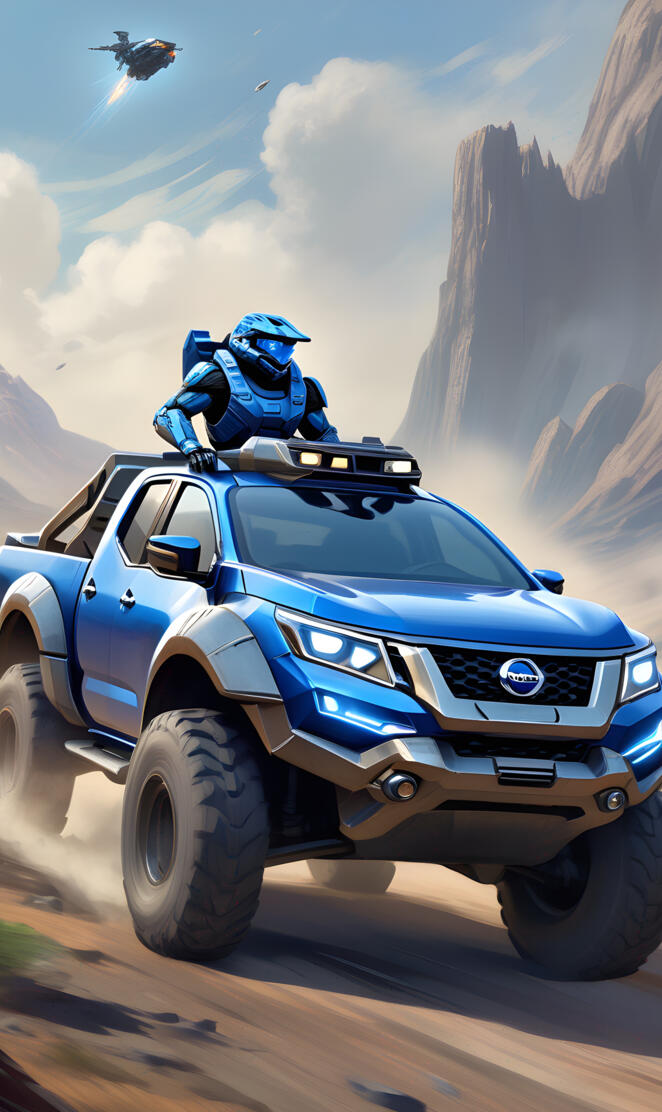 Halo Spartan riding on a blue truck vaguely resembling a Nissan