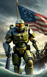 Halo Master Chief Holding Flag Crossing The Delaware River