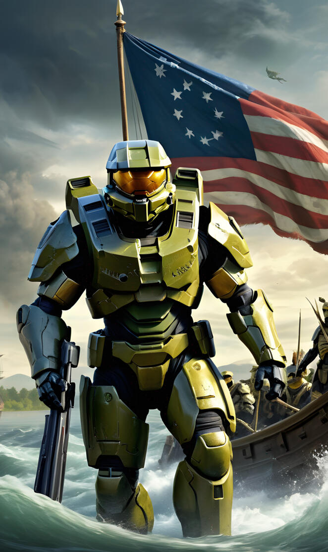 Halo Master Chief Holding Flag Crossing The Delaware River