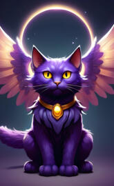 purple cat with big wings and a halo