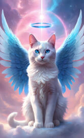 White angel cat with blue wings and halo