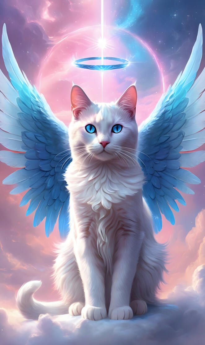 White angel cat with blue wings and halo