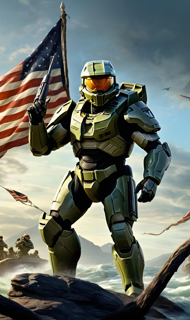 Halo Master Chief holding a flag crossing the Delaware River