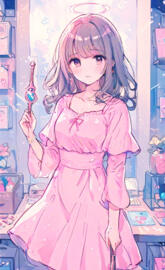 manga anime style,Female magician, pink dress, wearing a halo, holding