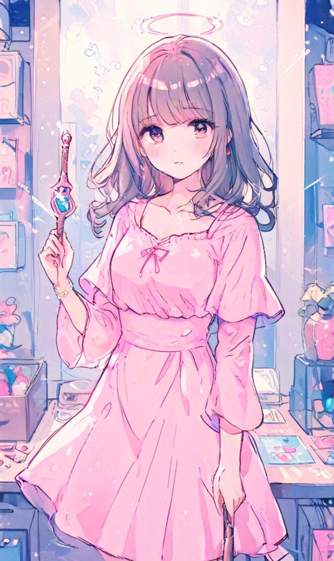 manga anime style,Female magician, pink dress, wearing a halo, holding