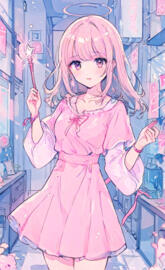 manga anime style,Female magician, pink dress, wearing a halo, holding