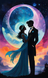 a man and woman kissing in front of a large moon