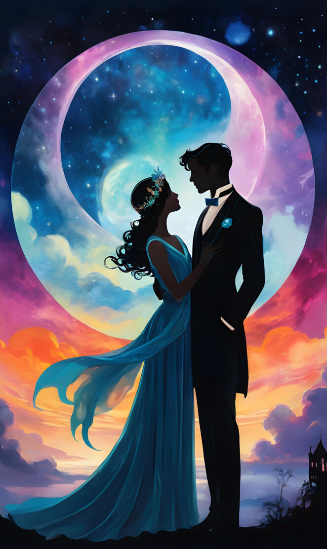 a man and woman kissing in front of a large moon