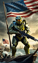 Halo Master Chief Crossing The Delaware River Holding a Flag