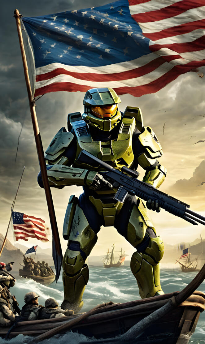 Halo Master Chief Crossing The Delaware River Holding a Flag