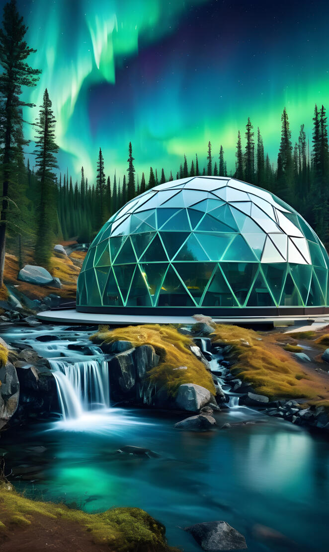 geodome on a rocky shore with trees and a starry sky