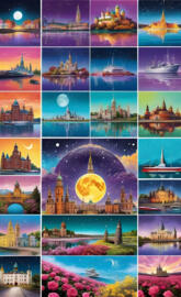 a collage of photos of different buildings and boats