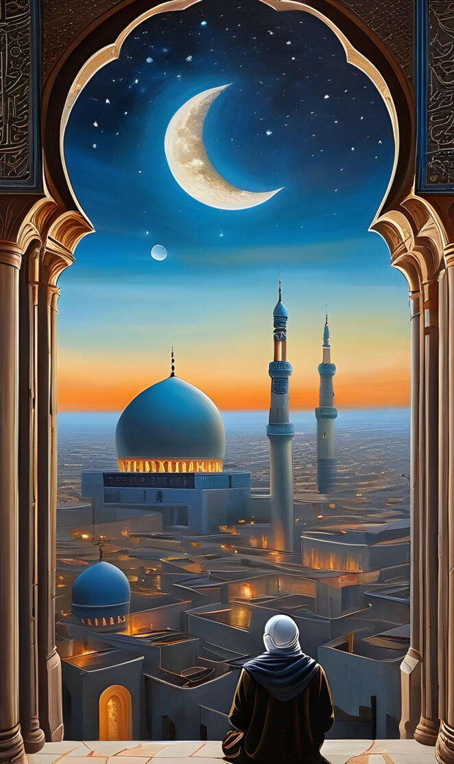 une personne devant une mosquée entrain de regarder le Ciel