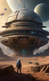 a person standing in front of a large dome shaped building