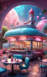 a restaurant with tables and chairs in den 1950