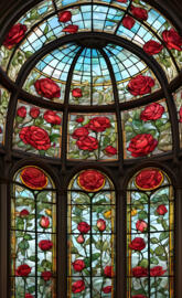 stained glass window with roses all around