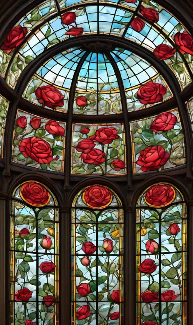 stained glass window with roses all around