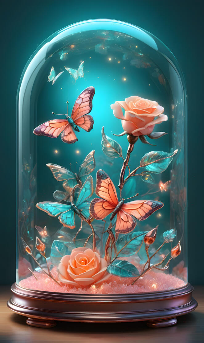 beautiful turquoise and peach butterflies and roses under glass dome