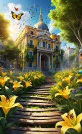 a pathway to a dome with flower gardens on both sides