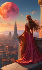 a person in a red dress looking at a city