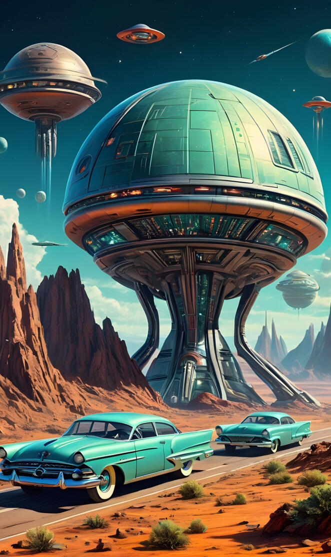 a car parked in front of a large dome shaped building with mountains