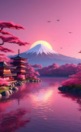 Mount Fuji with a dome roof and a body of water in front of it