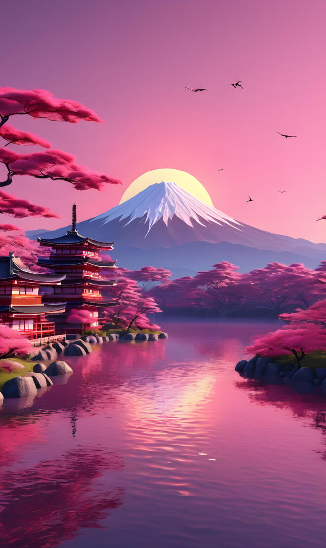 Mount Fuji with a dome roof and a body of water in front of it