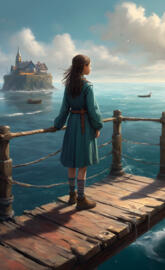 a woman standing on a dock looking at a ship in the water