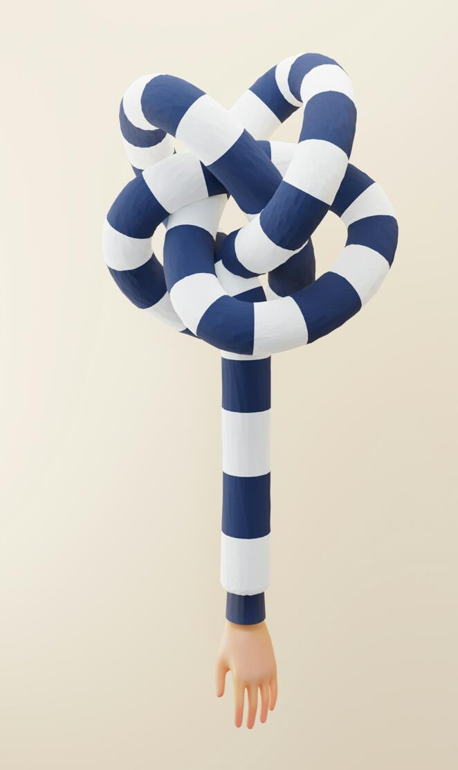 Hand Wallpaper Blue and white striped knot on white background.