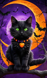 black kitten with a orange moon